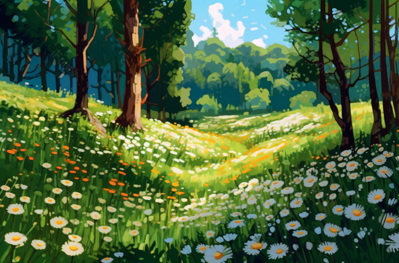 蓝色清新森林雏菊野花插画背景,插画/手绘图,插画/手绘图库,插画/手绘图下载,插画/手绘